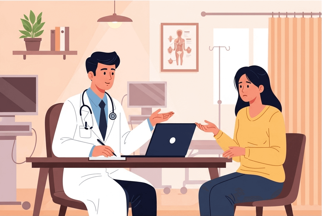 Pregnant woman talking to doctor during first prenatal appointment.