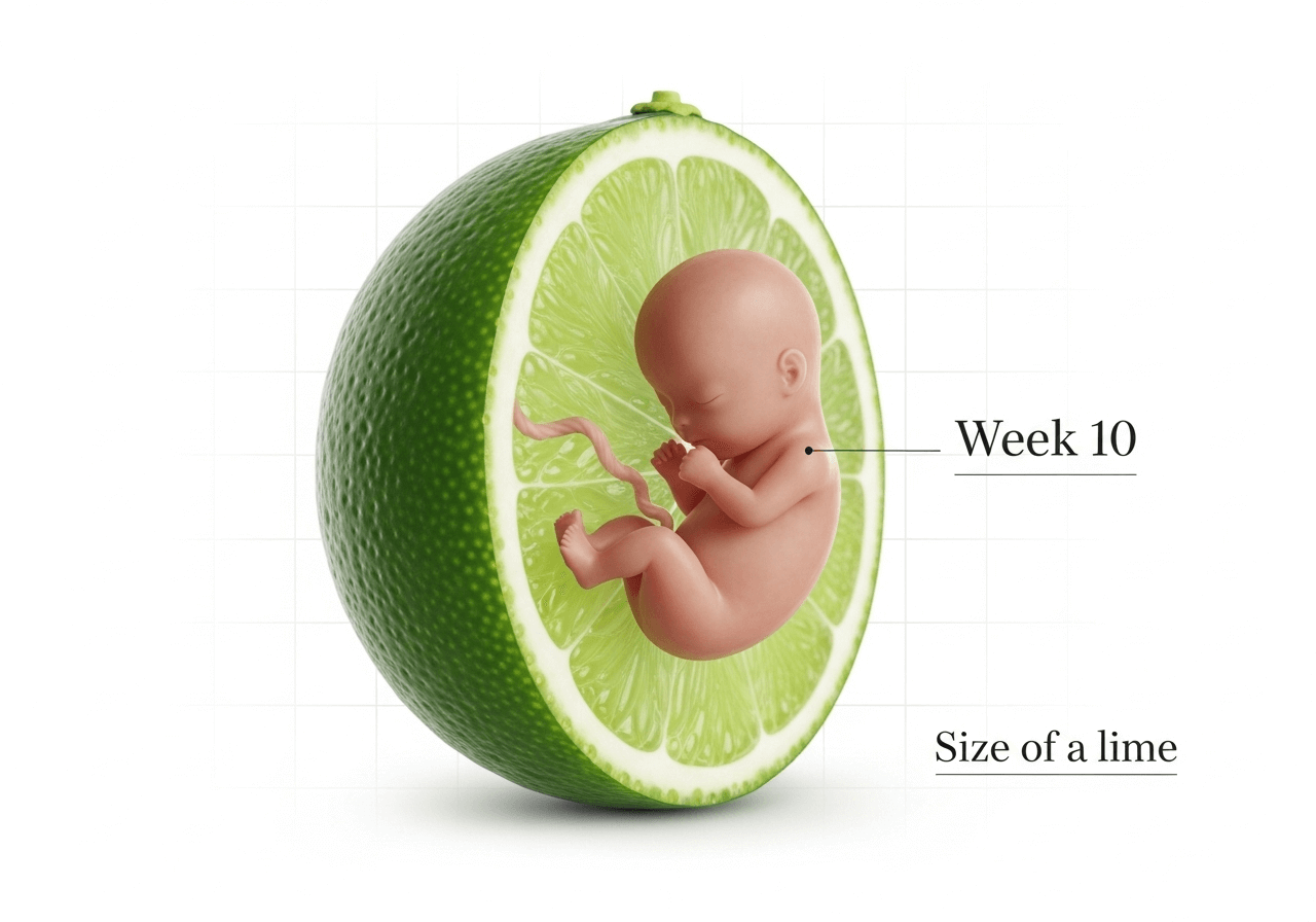 Baby at 12 weeks the size of a lime with distinct facial features and limbs.
