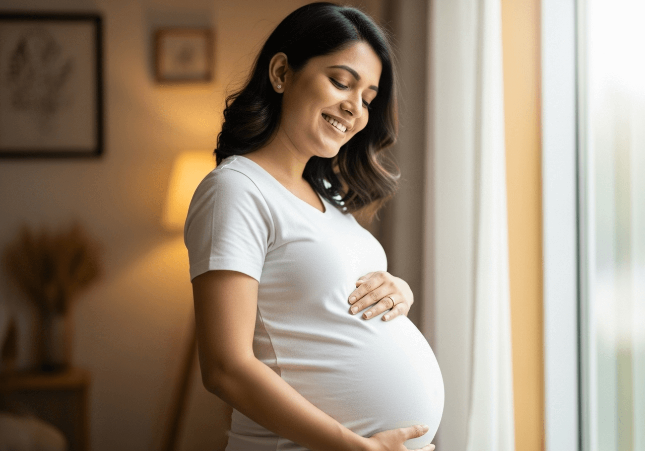 Pregnant woman at 5 months gently holding her visible baby bump while smiling indoors.