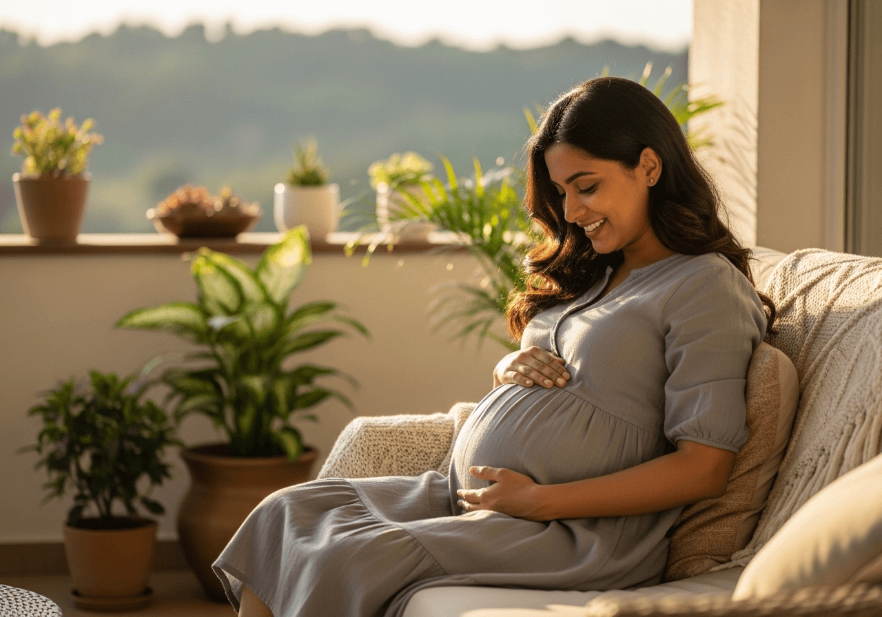 Pregnant woman at 6 months smiling while holding her baby bump outdoors during second trimester.
