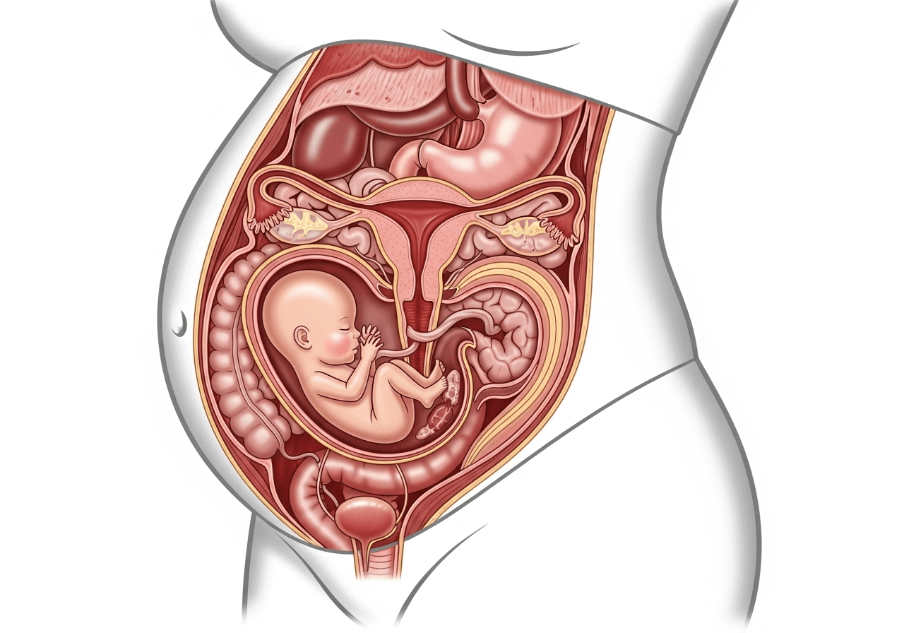 Medical illustration of body changes in Month 6 pregnancy showing uterus growth and baby development.