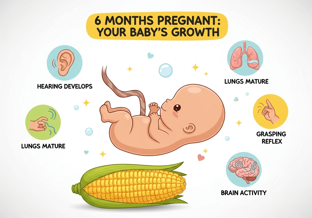 Baby at 6 months pregnancy shown with corn on the cob size comparison and growth milestones.