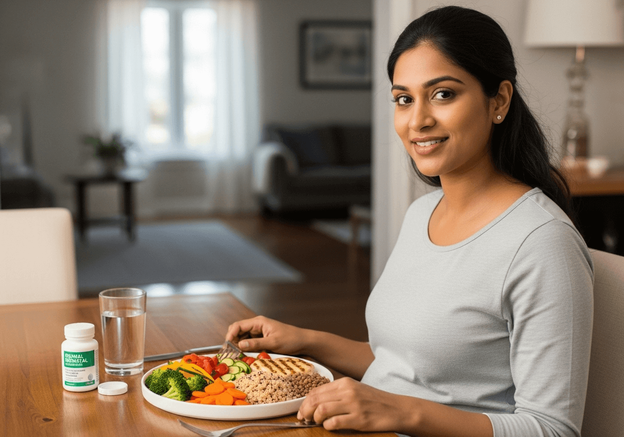 Pregnant woman eating balanced diet with <a href=