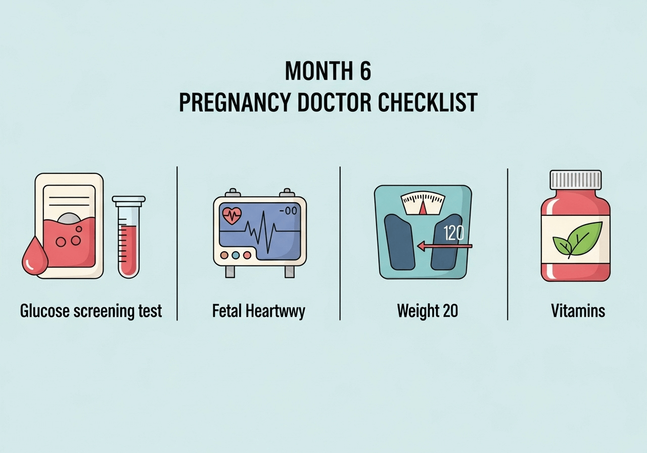 Infographic of Month 6 pregnancy doctor checklist including glucose screening test and prenatal check-ups