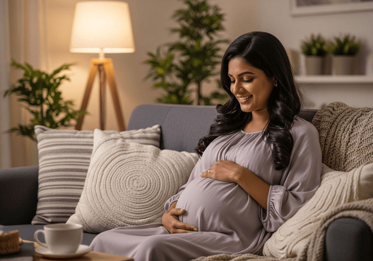 Pregnant woman at 7 months sitting comfortably at home with a visible baby bump
