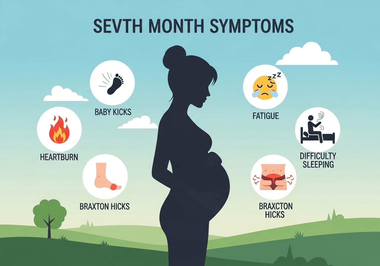 Infographic showing 7th month pregnancy symptoms including swelling, kicks, heartburn, and fatigue