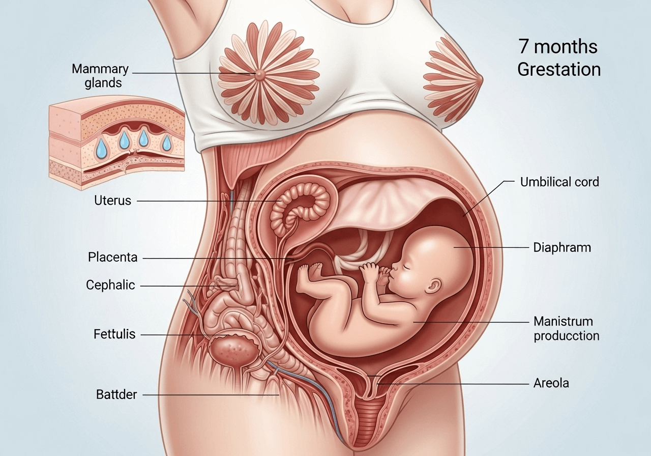 Illustration of female body changes in 7th month pregnancy including uterus growth and colostrum preparation.