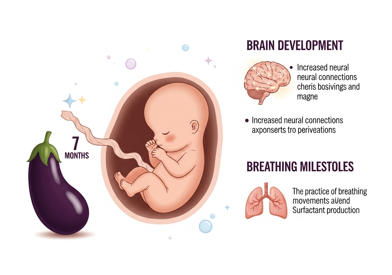 Baby at 7 months pregnancy with eggplant size comparison and fetal growth milestones