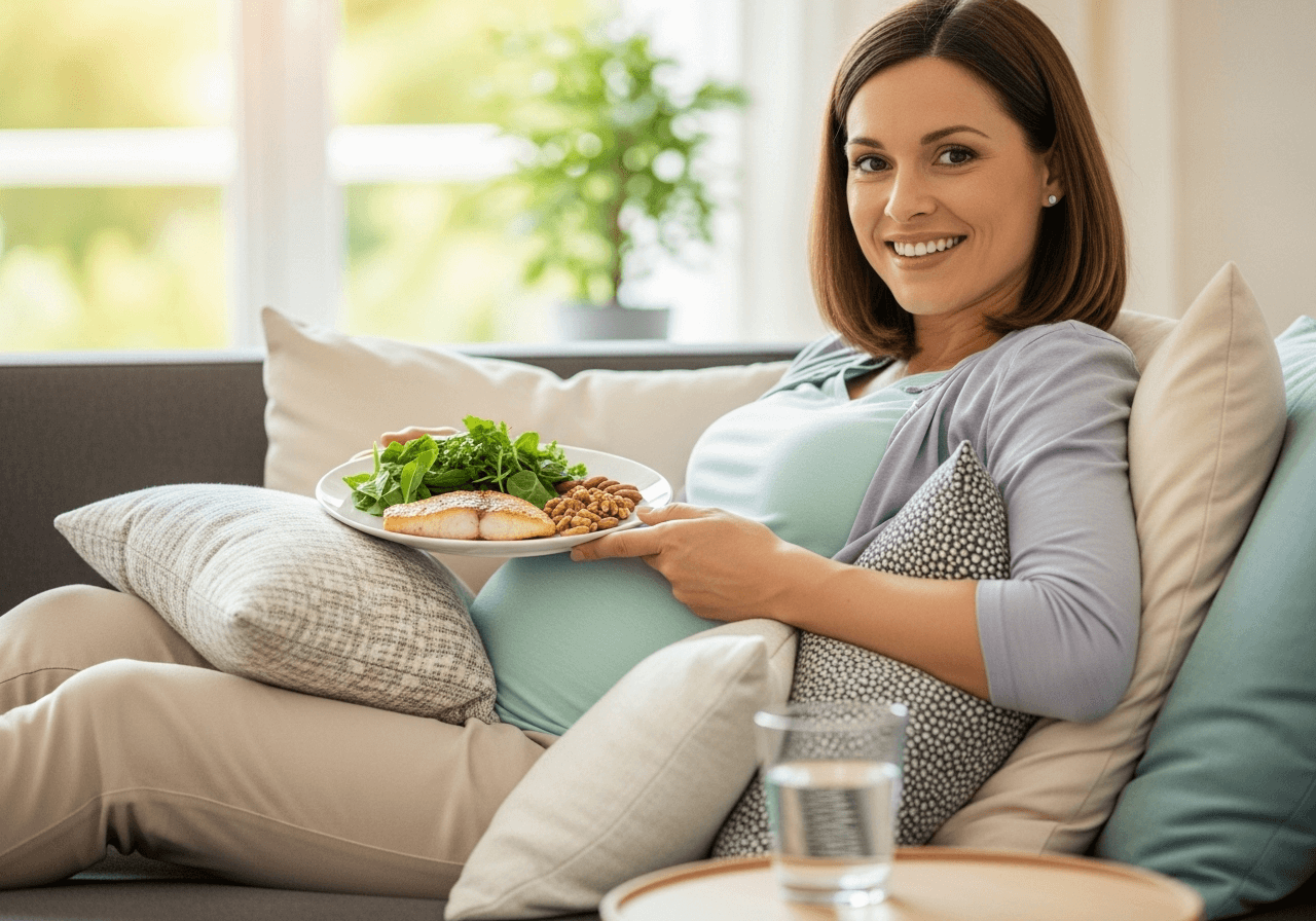 Pregnant woman at 7 months practicing self-care with healthy food and supportive rest setup.