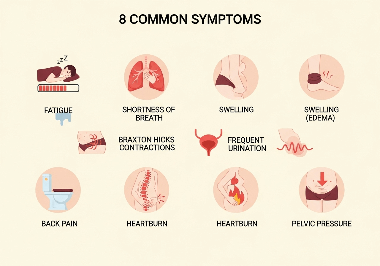 Infographic showing 8th month pregnancy symptoms including fatigue, swelling, and <a href=