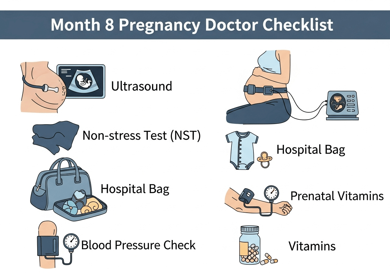 Doctor checklist for Month 8 pregnancy including ultrasound, NST, and <a href=