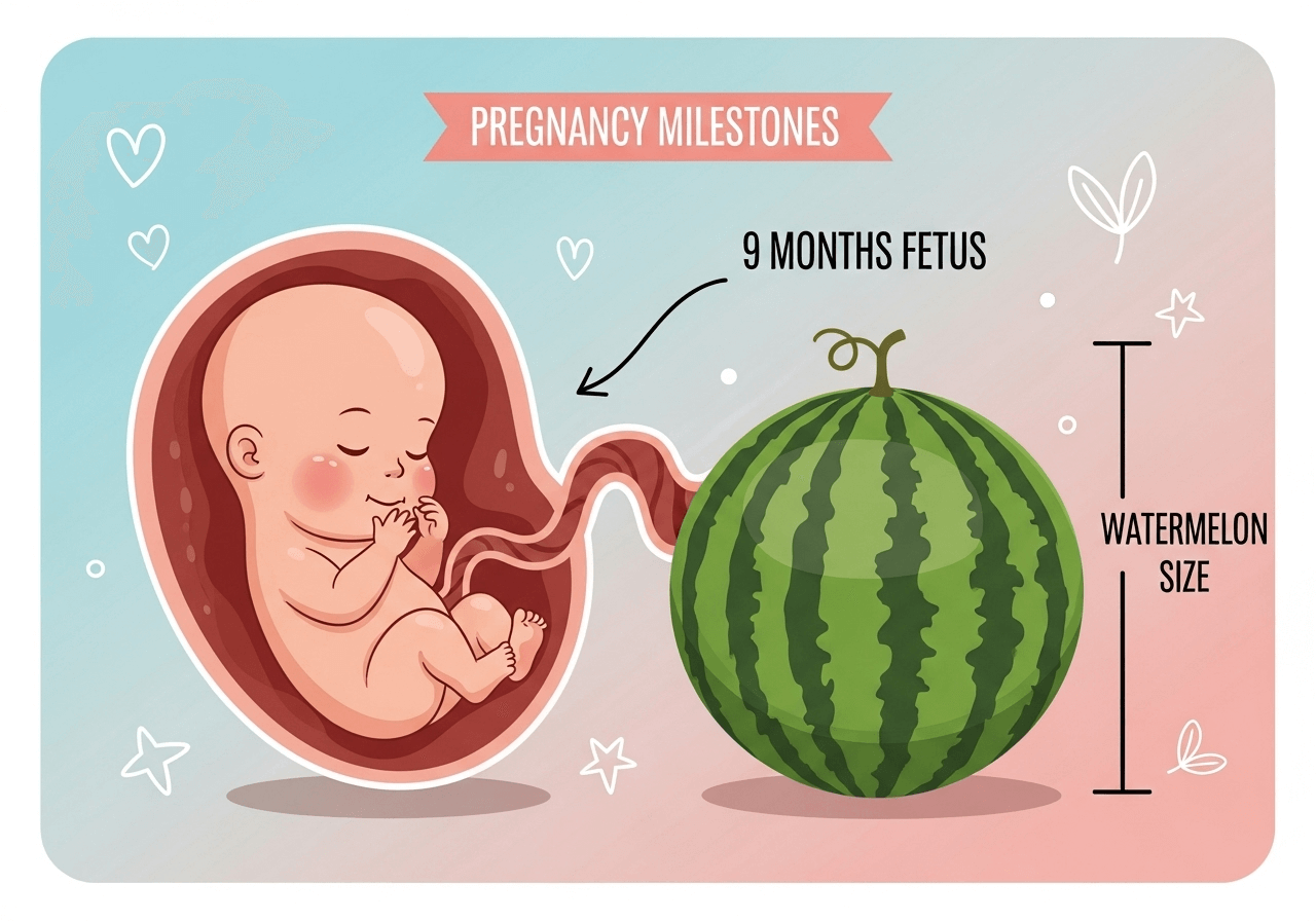 Baby at 9 months pregnancy compared to watermelon with growth milestones