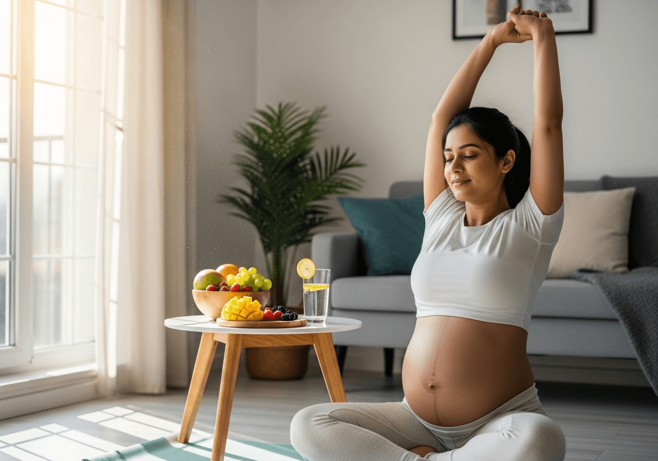 Pregnant woman in her 9th month practicing light exercise and eating a healthy snack