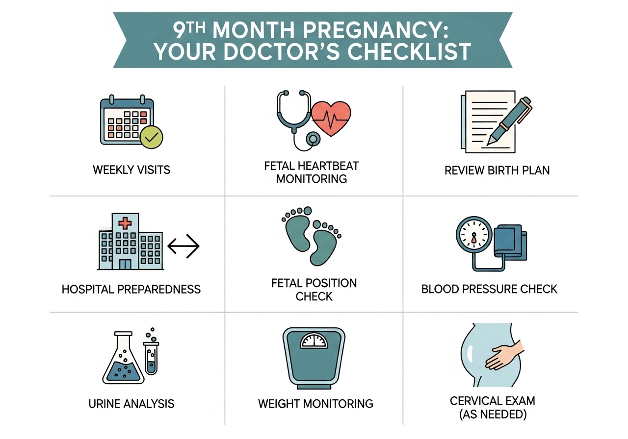 Month 9 pregnancy doctor checklist showing key tests and labor prep.