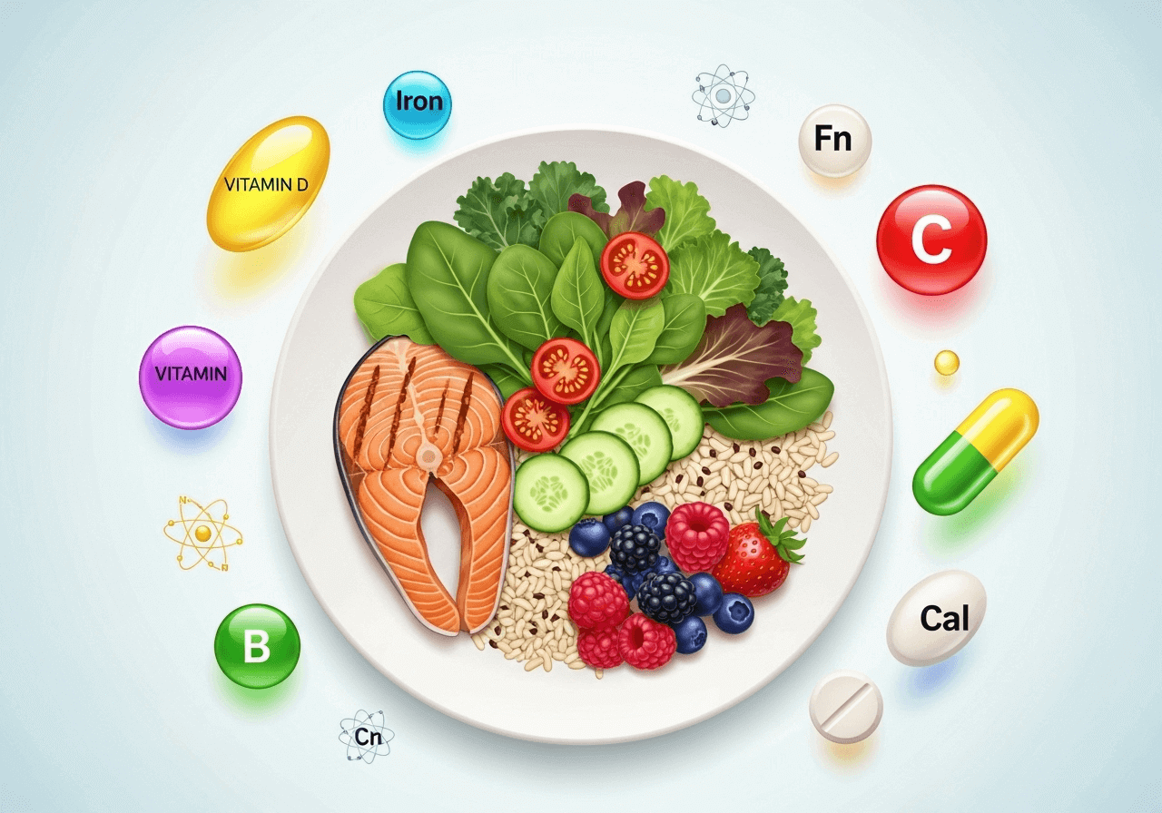 Balanced diet for early pregnancy: greens, proteins, whole grains, and prenatal vitamins.
