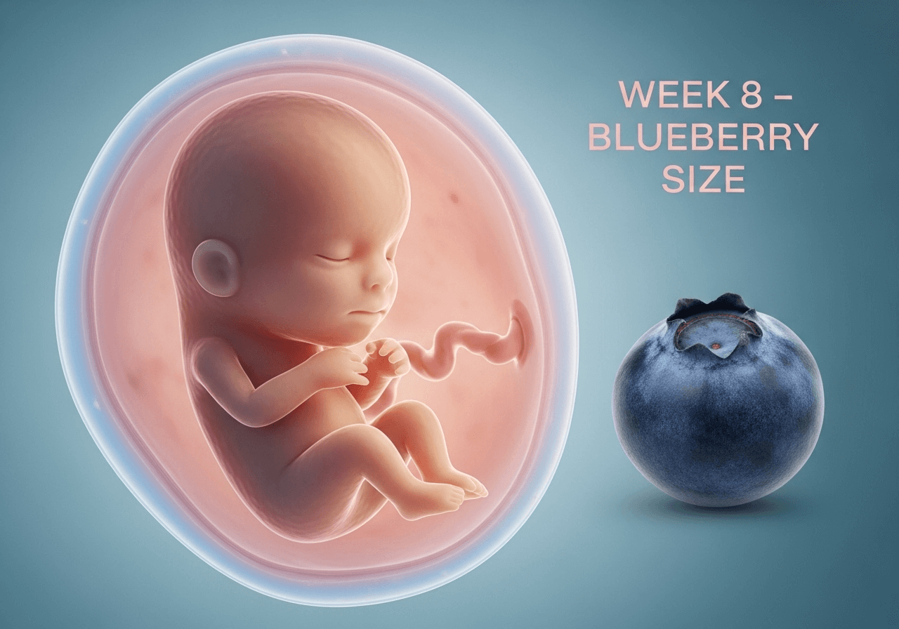 “Baby at 8 weeks: blueberry‑sized embryo forming limb buds and major organs.”