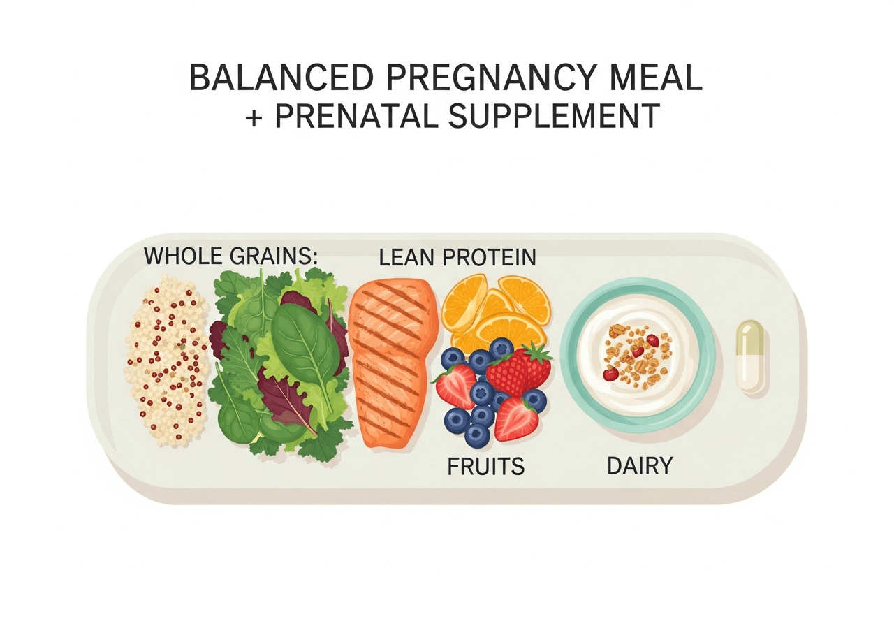 Nutritious plate with grains, fruit, protein, and prenatal supplements for Month 2 pregnancy.