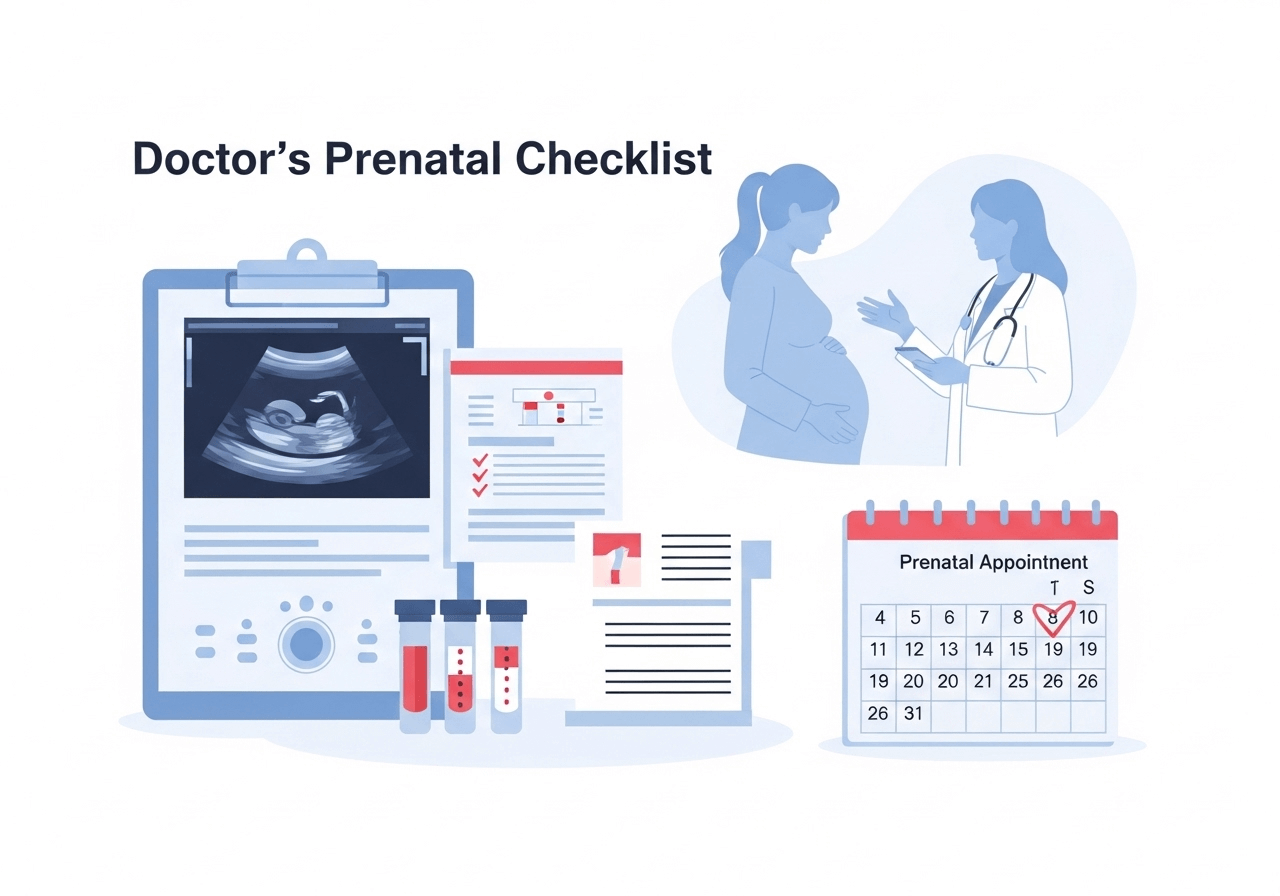 Checklist for Month 2 prenatal appointment: ultrasound, blood tests, questions.