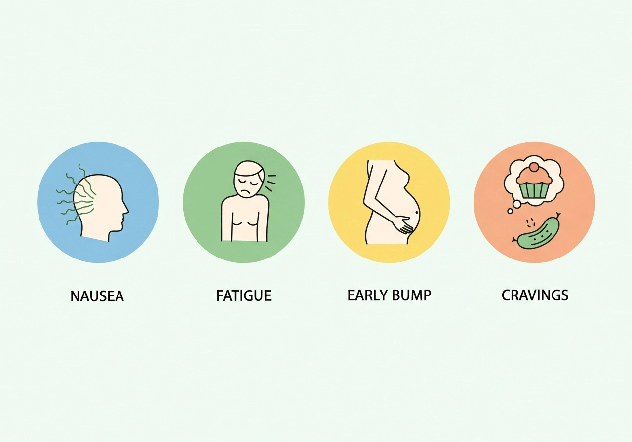 Month 3 pregnancy symptoms including mild nausea, fatigue, mood swings, and early bump.