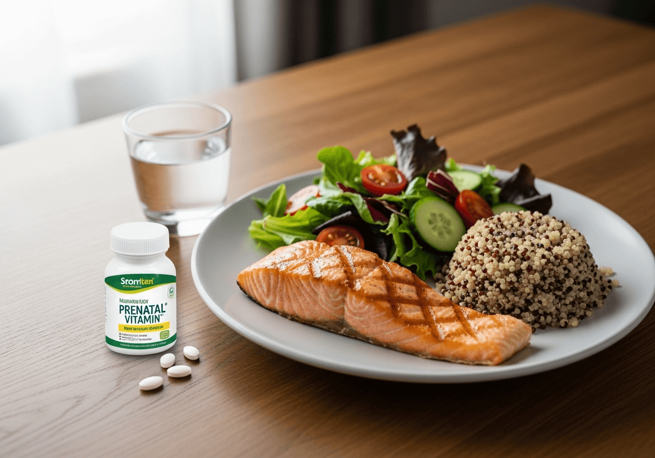 Healthy plate with vegetables, proteins, grains, and prenatal vitamins for Month 3 pregnancy.