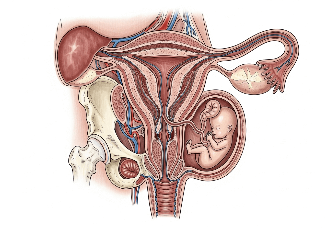 Illustration of uterus growth and body changes in Month 4 of pregnancy, showing baby development inside the womb.