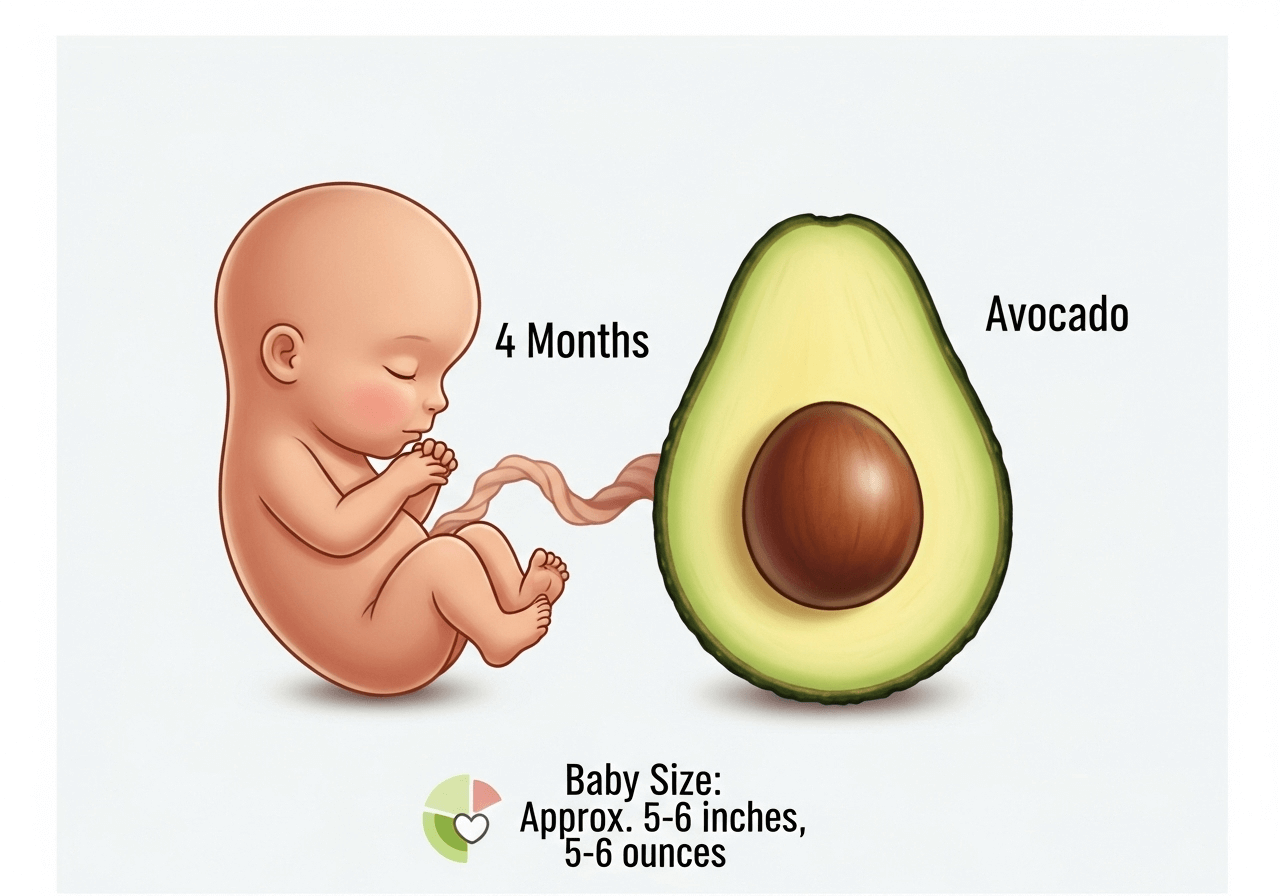 Baby at Month 4 shown with avocado size comparison, highlighting fetal growth milestones inside womb.
