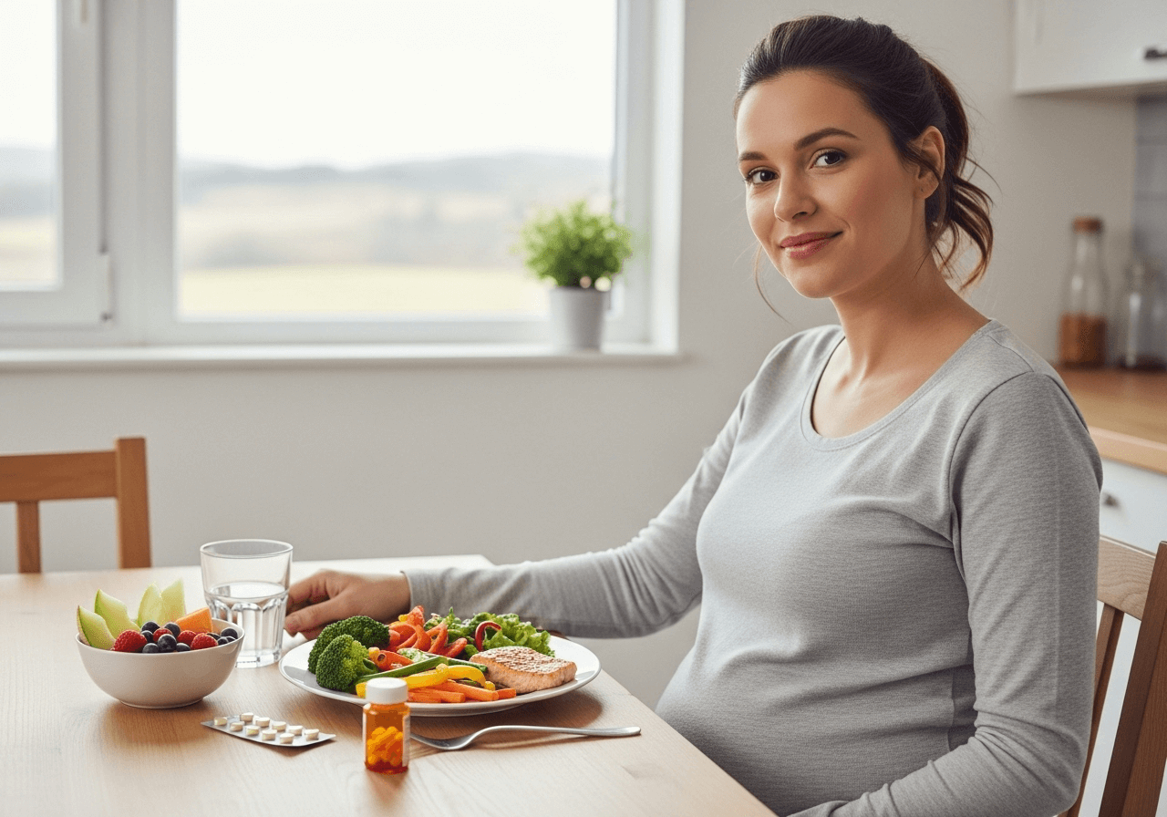 Doctor checklist infographic for Month 4 pregnancy including quad screen, prenatal vitamins, and fetal heartbeat test.