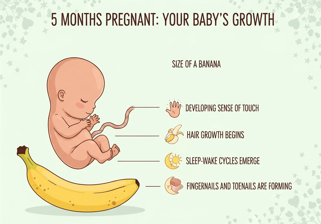 Baby at 5 months pregnancy shown with banana size comparison and fetal development milestones