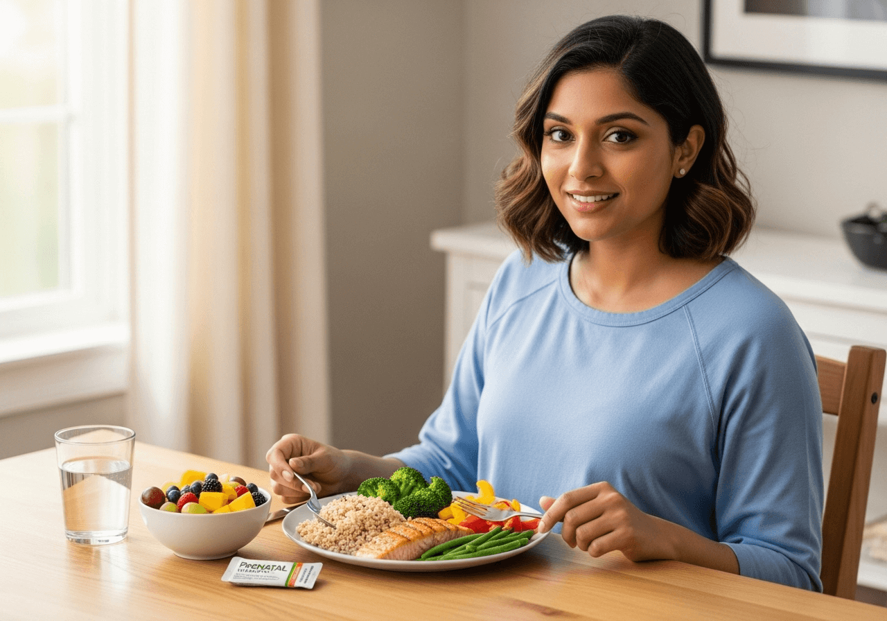Pregnant woman at 5 months eating balanced nutrition with prenatal vitamins on the table.
