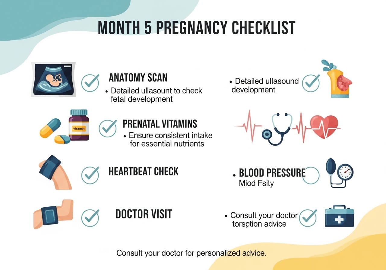 Month 5 pregnancy doctor checklist infographic with anatomy scan, vitamins, and prenatal check-ups.
