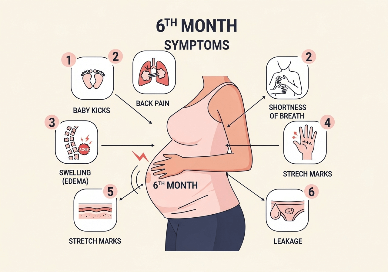 Infographic of 6th month pregnancy symptoms including baby kicks, swelling, back pain, and stretch marks