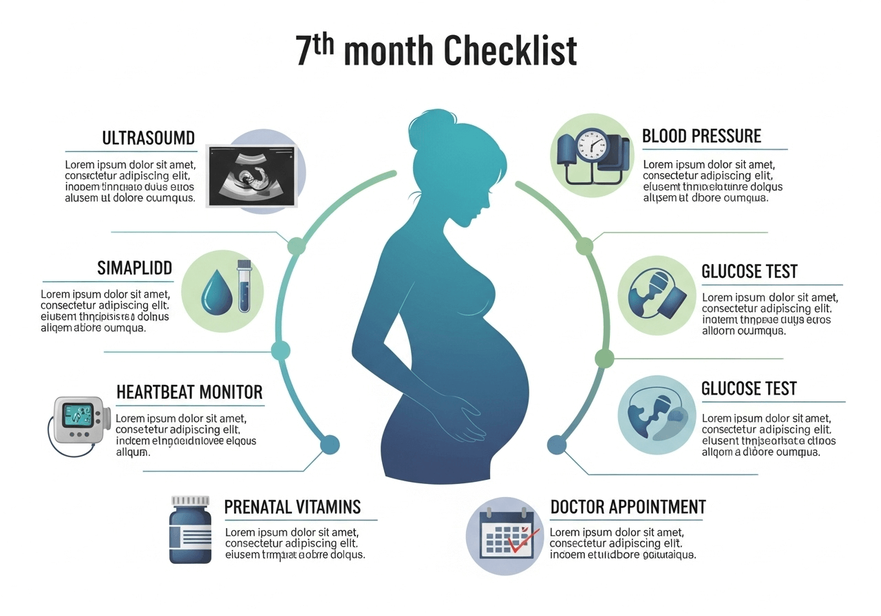 Doctor checklist for Month 7 pregnancy including ultrasound, glucose test, and fetal monitoring.
