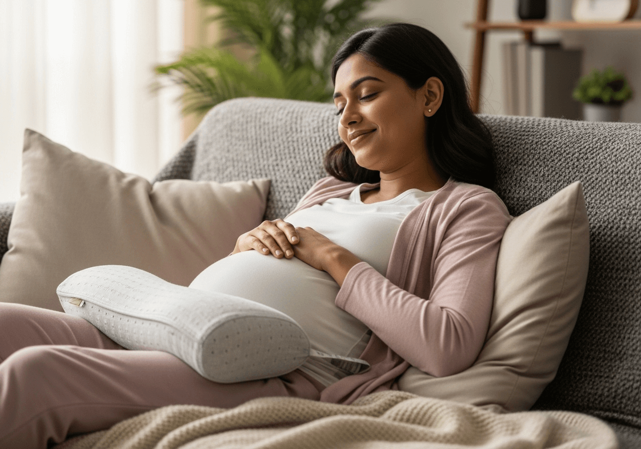 Pregnant woman at 8 months relaxing on a couch with belly support pillow