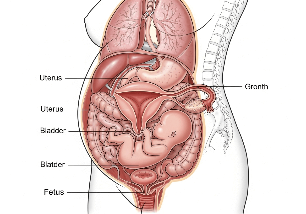 Illustration showing body changes in Month 8 pregnancy with uterus expansion and baby position