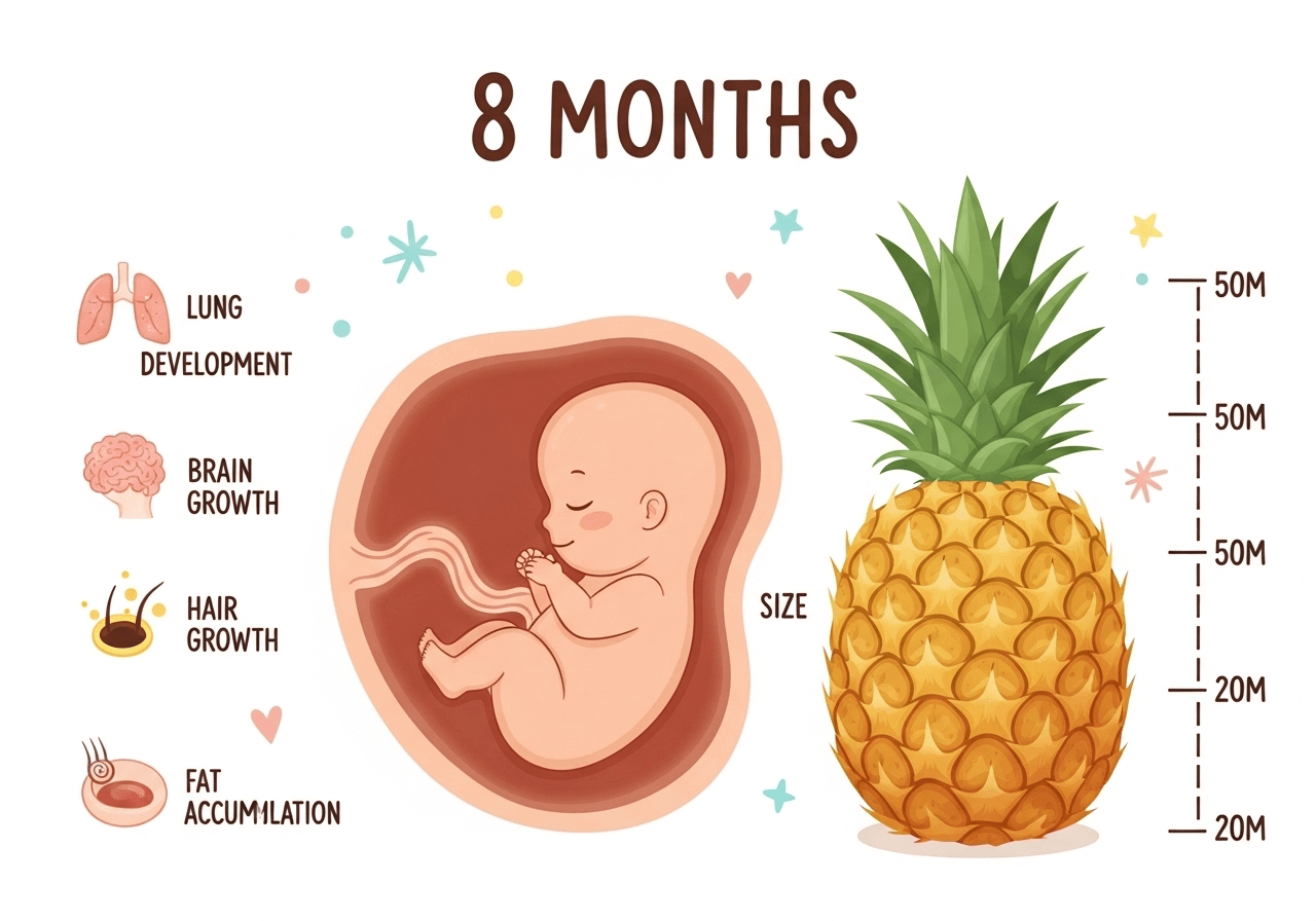 Baby at 8 months pregnancy shown with pineapple size comparison and growth milestones