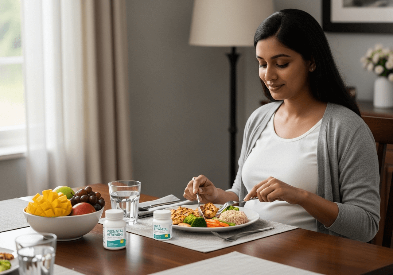 Pregnant woman at 8 months eating a healthy meal with water and prenatal vitamins