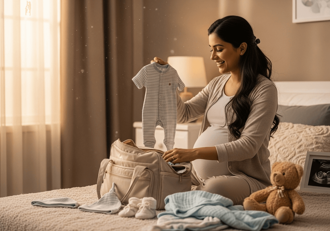 Pregnant woman in her 9th month preparing hospital bag before delivery