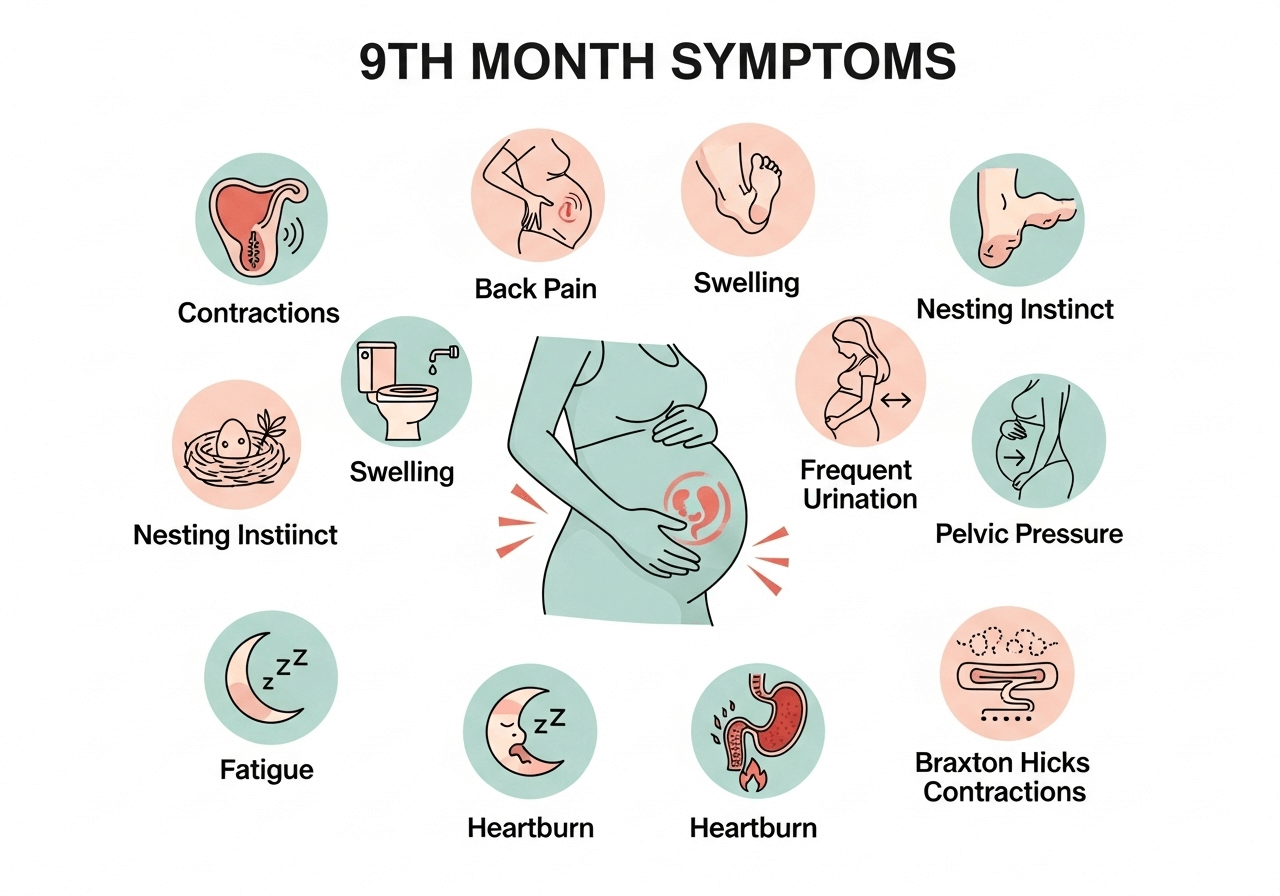 Infographic of common symptoms in 9th month pregnancy including contractions and swelling.