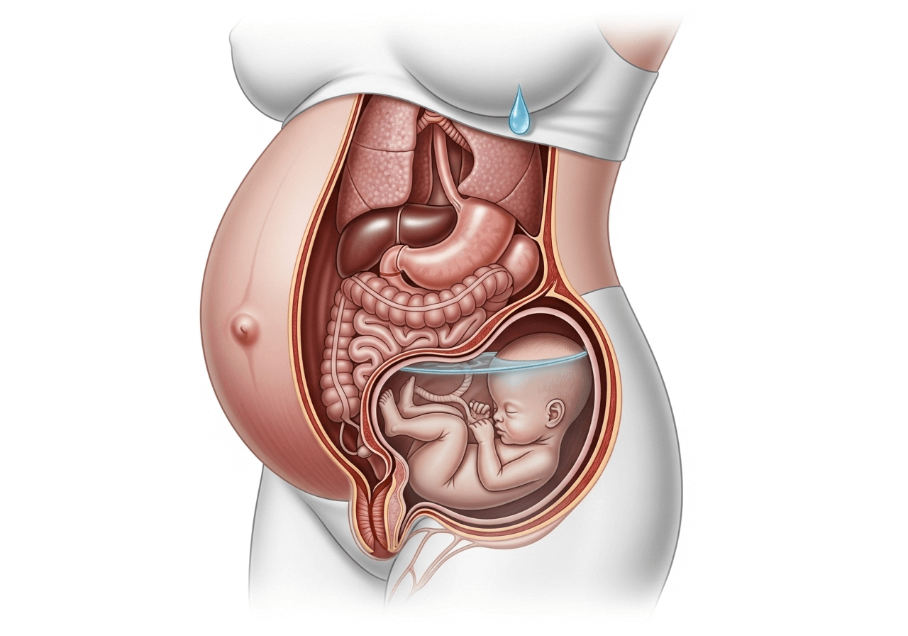 Illustration of female body changes at 9 months pregnancy with baby head engaged