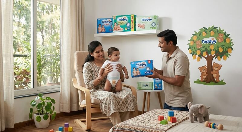 Teddyy diapers product range by Nobel Hygiene for Indian parents
