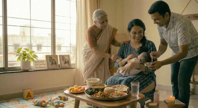 Family helping new mother with newborn care and daily tasks