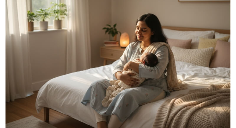 New mother resting peacefully with newborn baby after birth