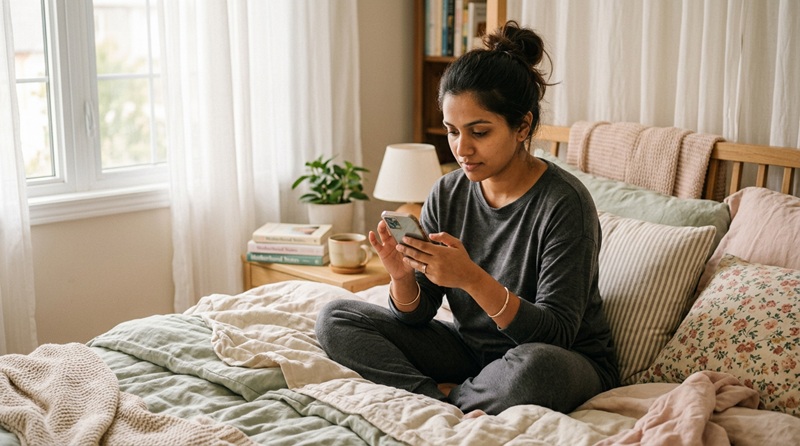 New mother tracking her postpartum period recovery timeline on a calendar
