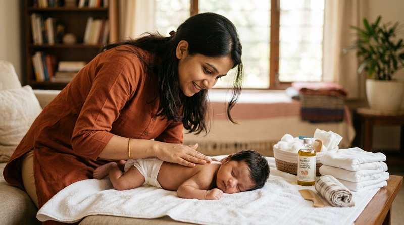 Mother providing essential postnatal care to her newborn baby at home