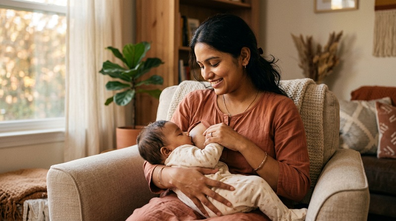 Happy mother breastfeeding her baby showing the benefits of breastfeeding for both