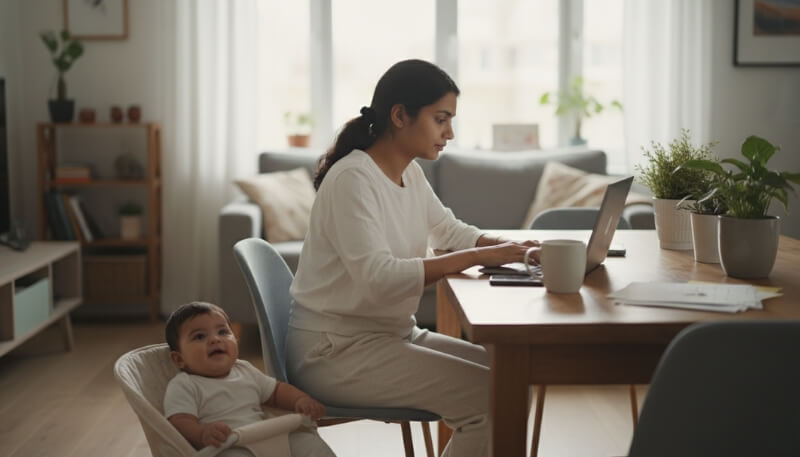 Mother multitasking between work and caring for baby showing life transformation