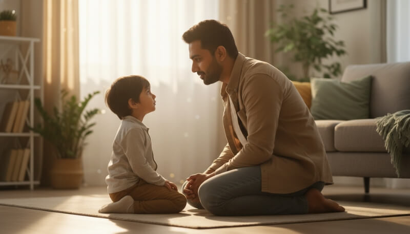 Parent patiently talking to a child at eye level showing effective communication
