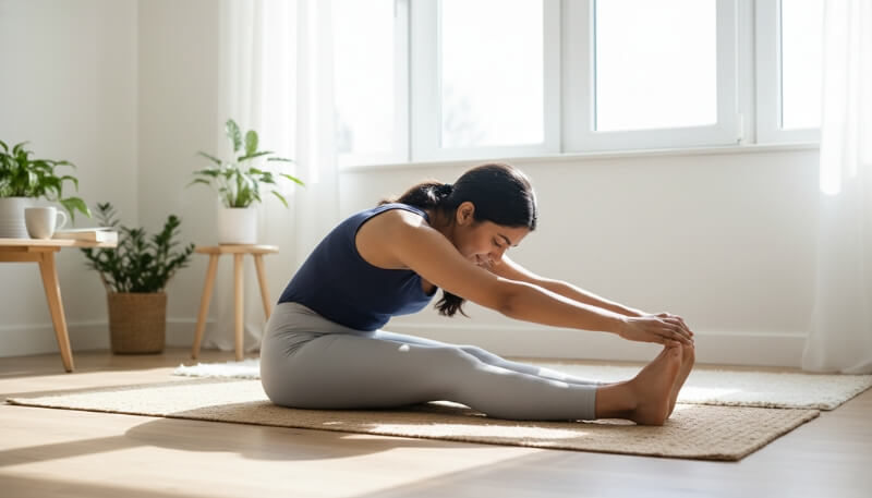 Woman doing gentle stretching exercises for postpartum back pain relief