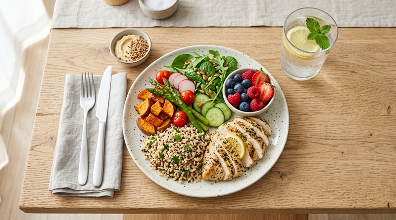 Healthy meal plate with balanced nutrition for postpartum belly reduction