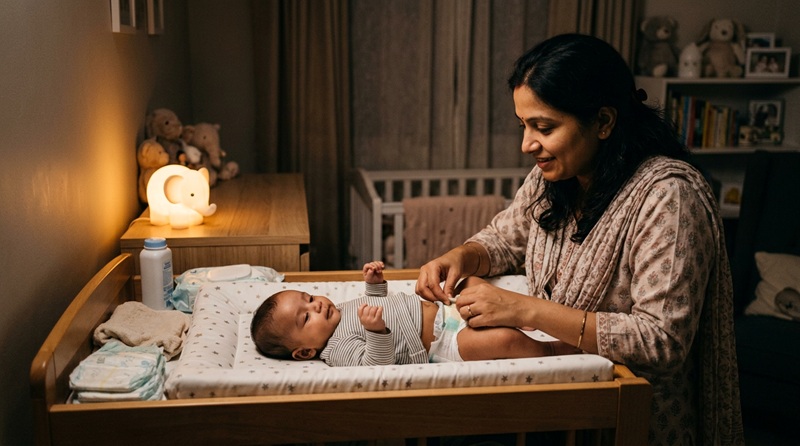 Parent changing baby diaper at night with proper nighttime diaper care routine